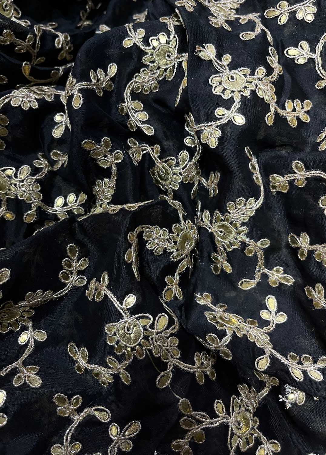 Black Embroidered Trendy Georgette Sequins Work Fabric - Luxurionworld