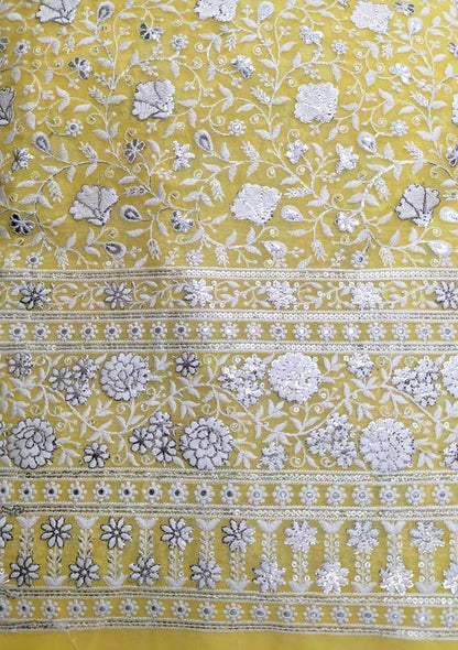 Yellow Embroidered Trendy Georgette Sequins Work Fabric ( 1 Mtr ) - Luxurion World