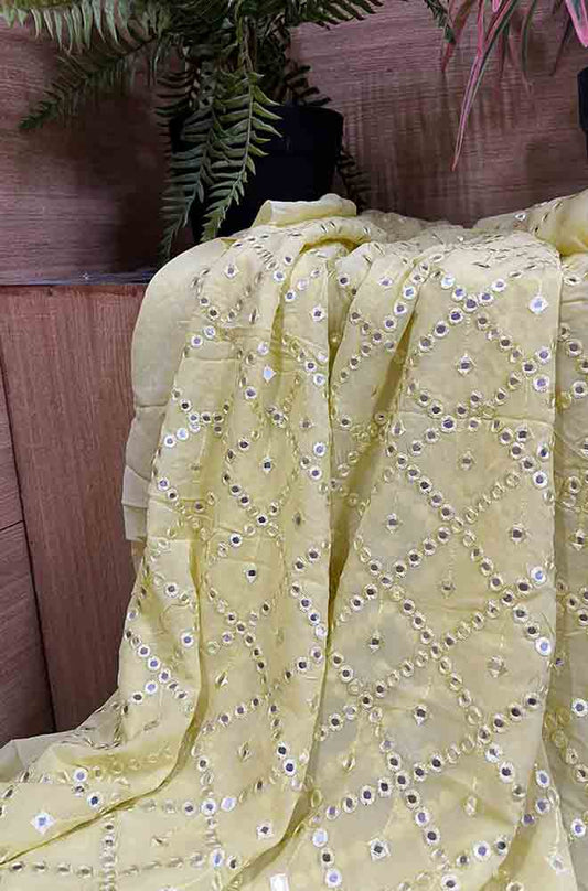 Yellow Trendy Georgette Foil Mirror Work Fabric ( 1 Mtr ) - Luxurion World