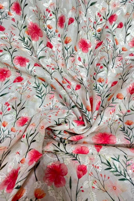 Pastel Chikankari Cotton Sequins Fabric