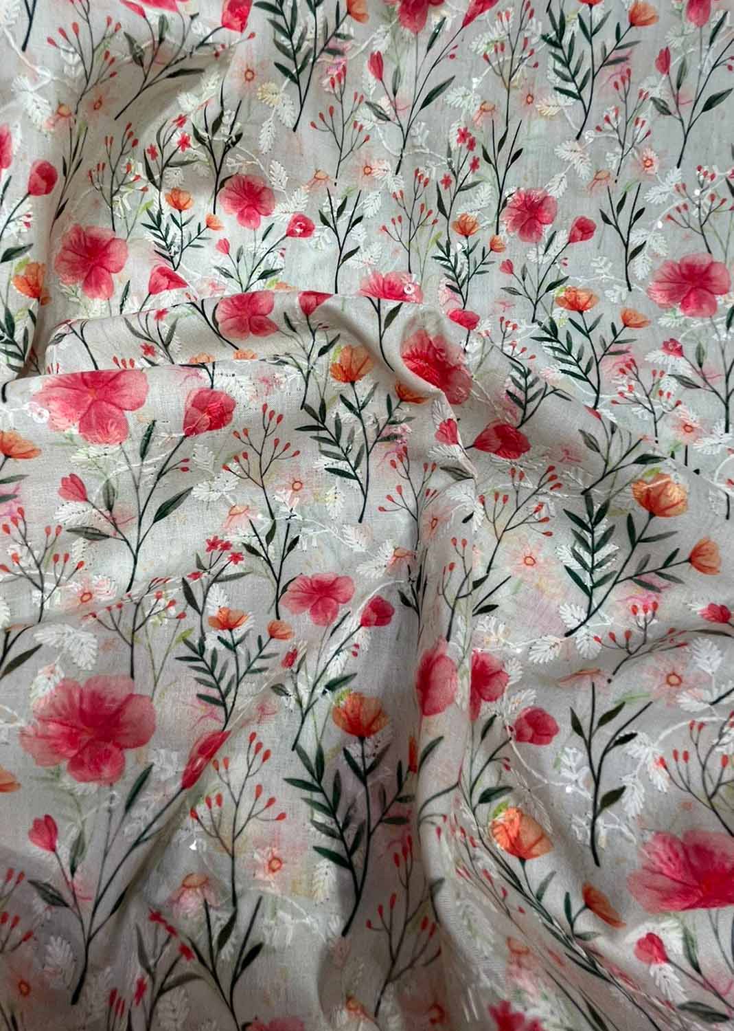Pastel Chikankari Cotton Sequins Fabric - Luxurion World