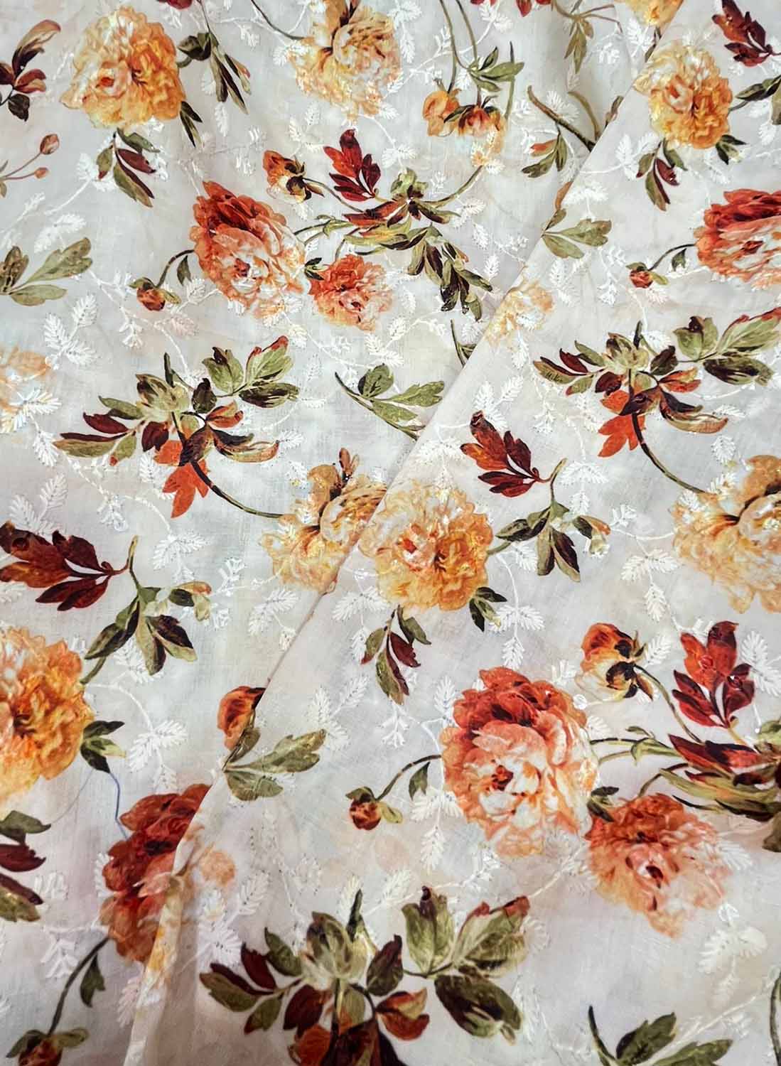 Shop Professional Quality Chikankari Cotton Fabric with Digital Print & Sequins - 1 Mtr - Luxurion World