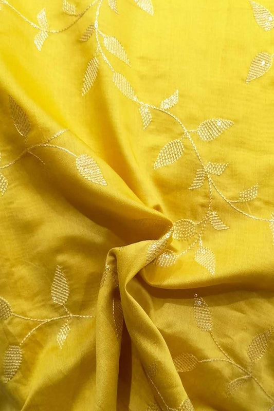 Yellow Embroidered Trendy Silk Sequins Work Fabric - Luxurion World