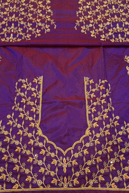Purple Hand Zardozi Work Pure Bangalore Silk Blouse Fabric - Luxurion World