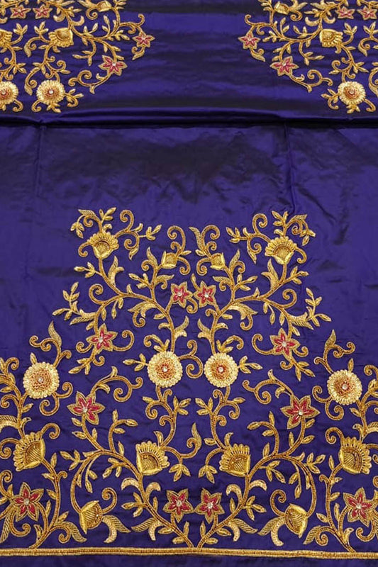 Blue Hand Zardozi Work Pure Bangalore Silk Blouse Fabric - Luxurion World