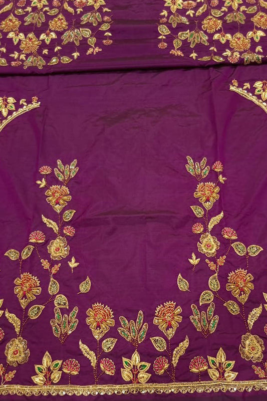 Purple Hand Zardozi Work Pure Bangalore Silk Blouse Fabric - Luxurion World