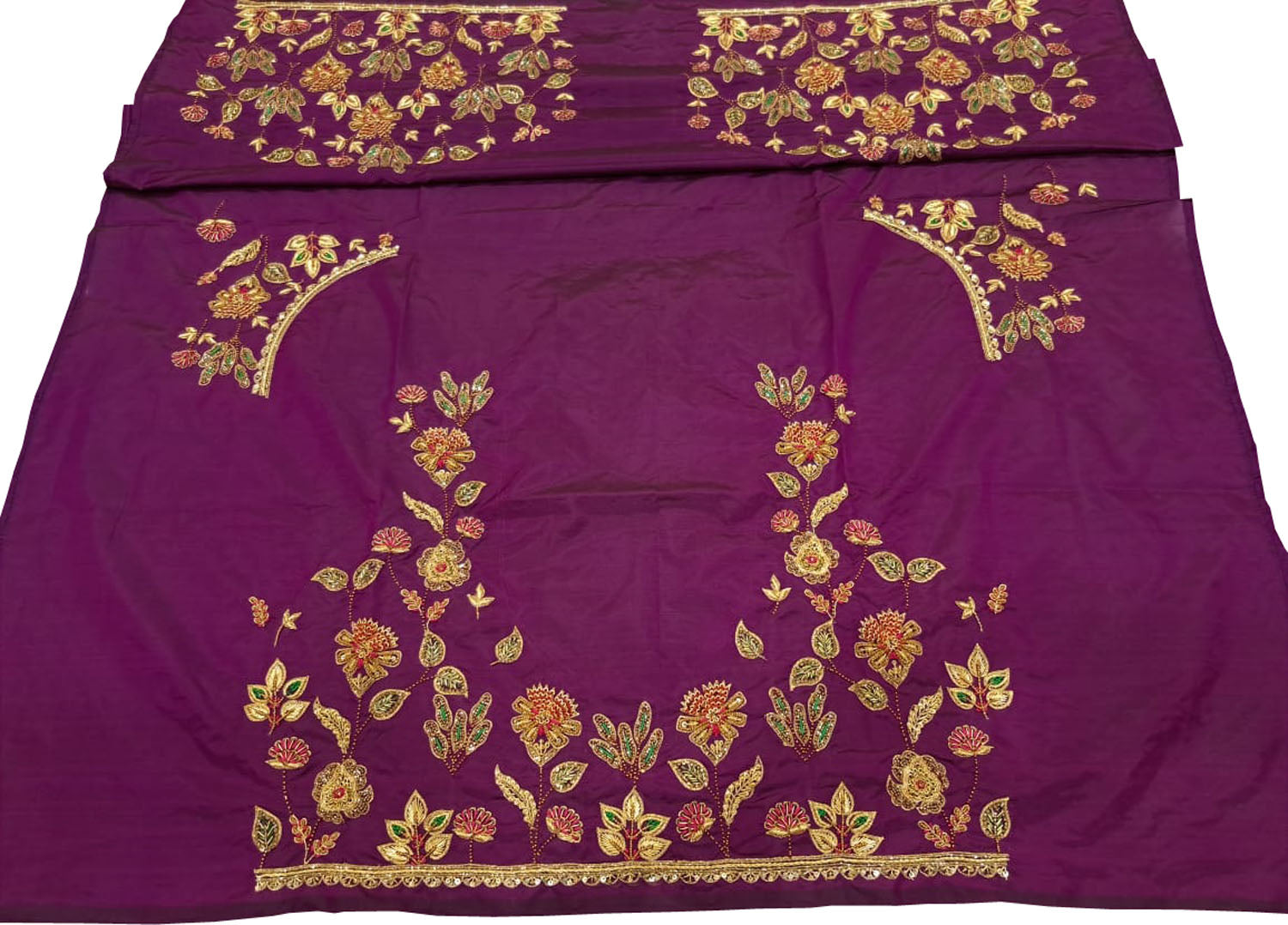 Purple Hand Zardozi Work Pure Bangalore Silk Blouse Fabric - Luxurion World