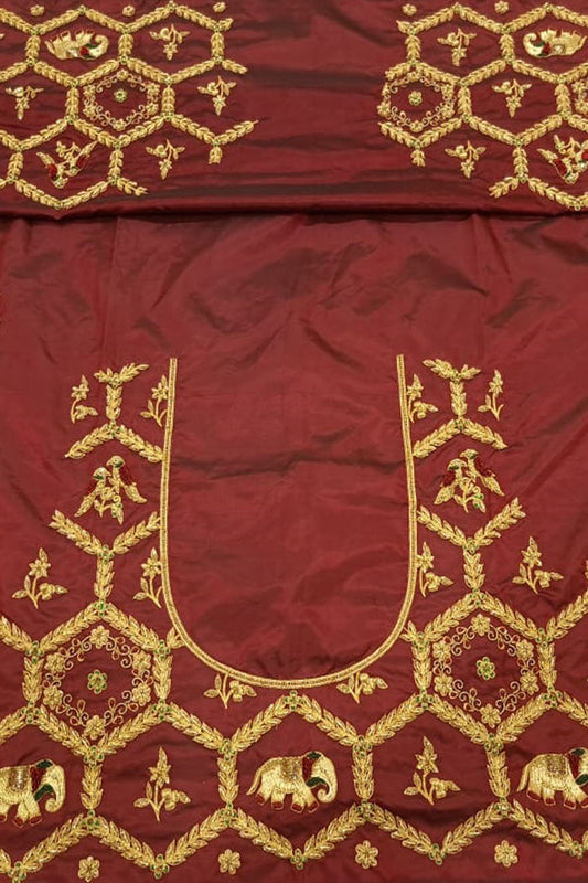 Maroon Hand Zardozi Work Pure Bangalore Silk Blouse Fabric - Luxurion World