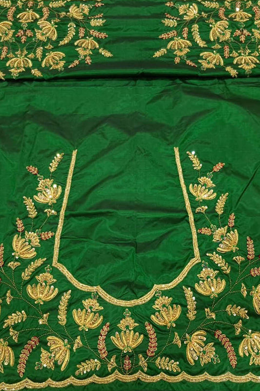 Green Hand Zardozi Work Pure Bangalore Silk Blouse Fabric - Luxurion World