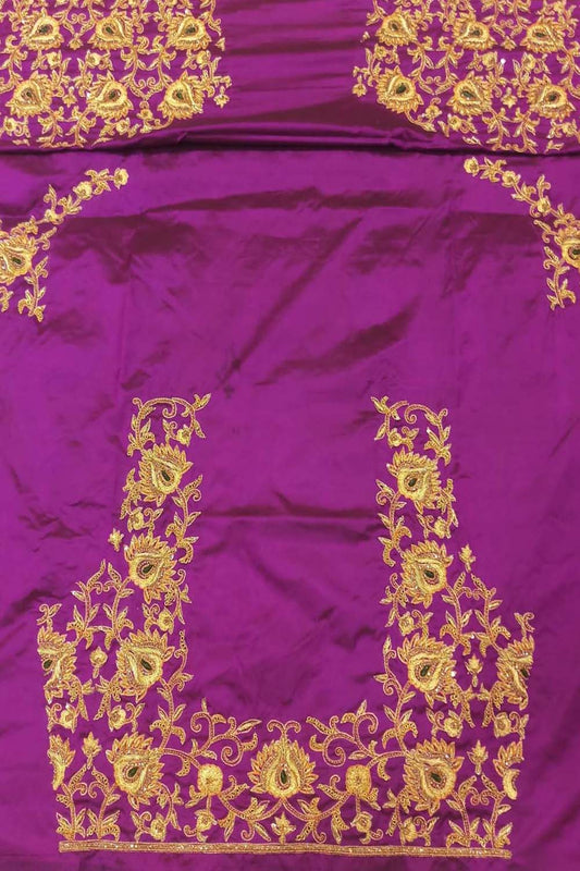 Purple Hand Zardozi Work Pure Bangalore Silk Blouse Fabric - Luxurion World