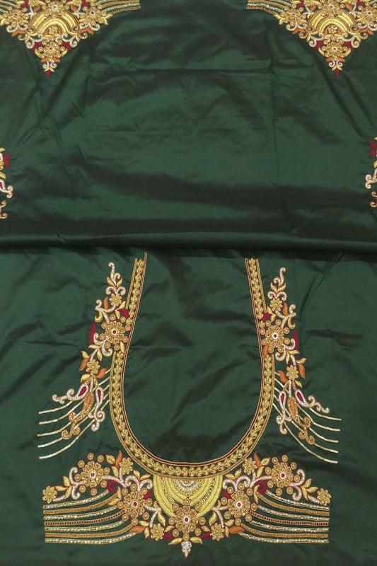 Green Hand Zardozi Work Pure Bangalore Silk Blouse Fabric - Luxurion World