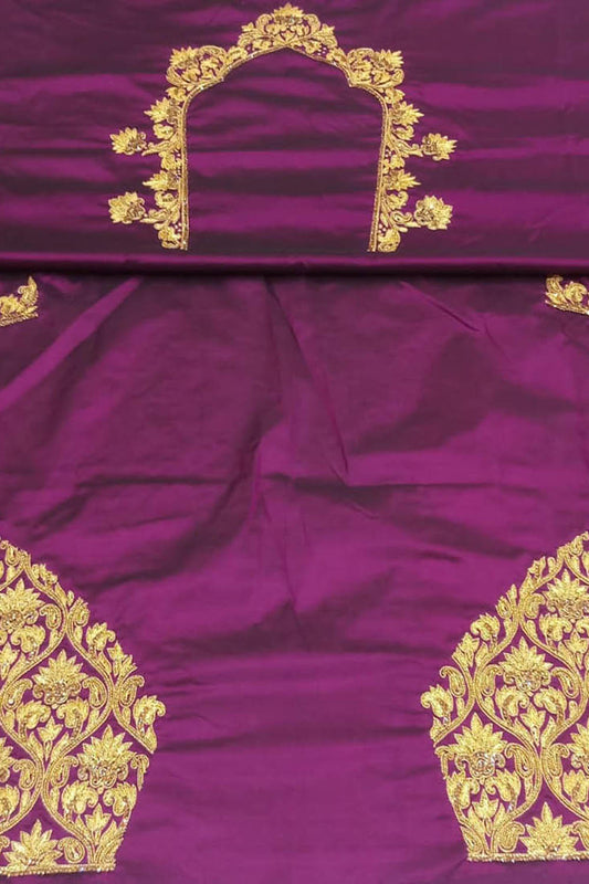 Purple Hand Zardozi Work Pure Bangalore Silk Blouse Fabric - Luxurion World