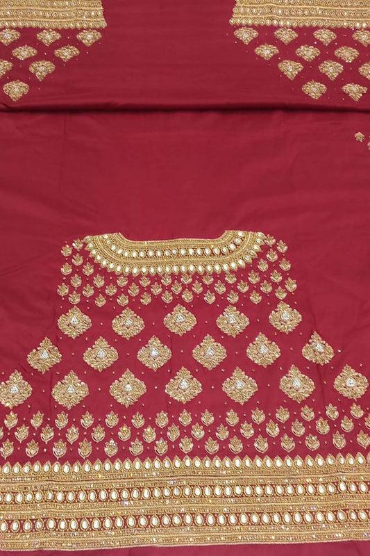 Red Hand Zardozi Work Pure Bangalore Silk Blouse Fabric - Luxurion World