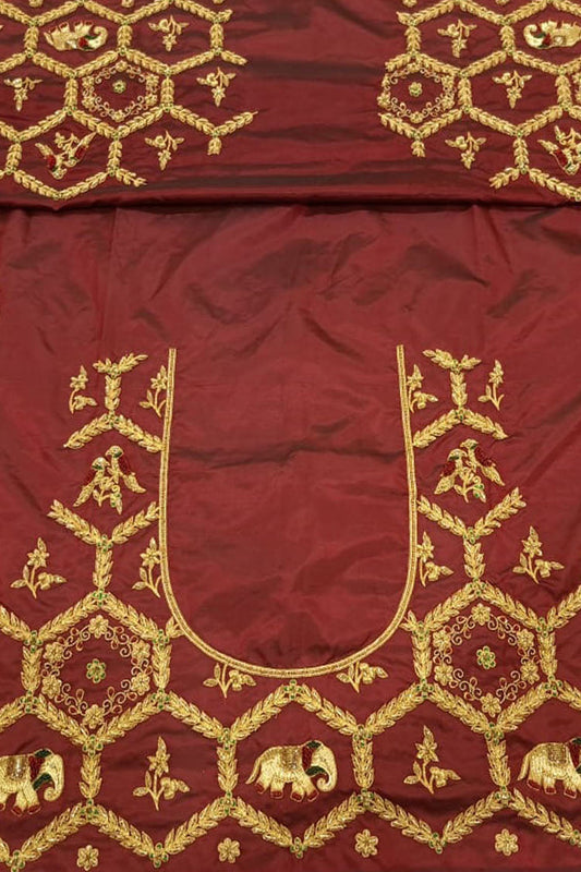 Maroon Hand Zardozi Work Pure Bangalore Silk Blouse Fabric - Luxurion World
