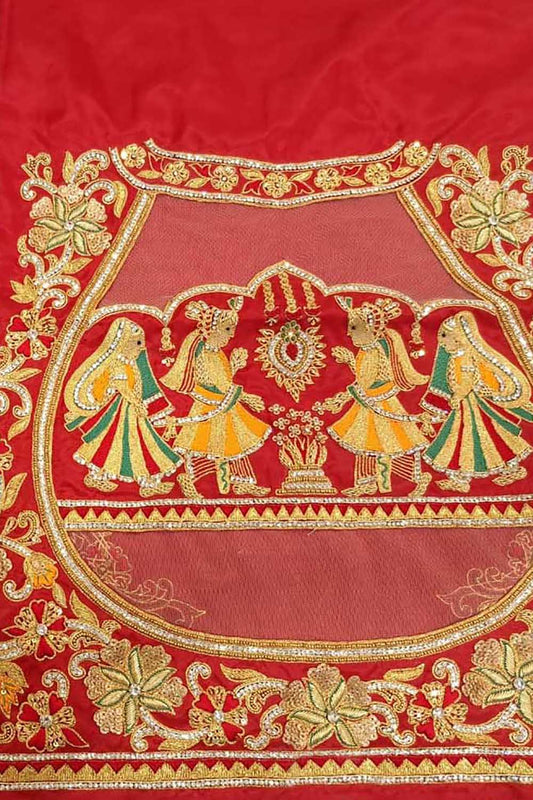 Red Hand Zardozi Work Pure Bangalore Silk Blouse Fabric - Luxurion World