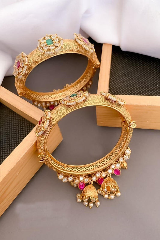 Golden Kundan Beads Work Bangles - Luxurion World