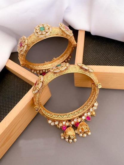 Golden Kundan Beads Work Bangles - Luxurion World