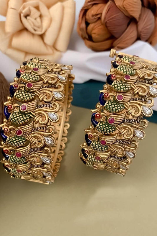 Golden Kundan Peacock Design Bangles - Luxurion World