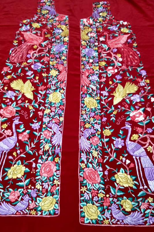 Red Parsi Work Hand Embroidered Pure Crepe Unstitched Jacket - Luxurion World
