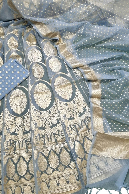 Stunning Blue And Grey Banarasi Organza Silk Lehenga Set - Unstitched Beauty