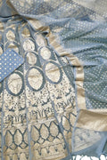 Stunning Blue And Grey Banarasi Organza Silk Lehenga Set - Unstitched Beauty - Luxurion World