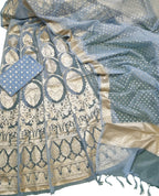 Stunning Blue And Grey Banarasi Organza Silk Lehenga Set - Unstitched Beauty - Luxurion World
