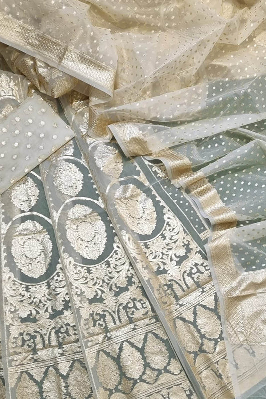 Pastel Banarasi Organza Silk Lehenga Set - Unstitched Elegance - Luxurion World