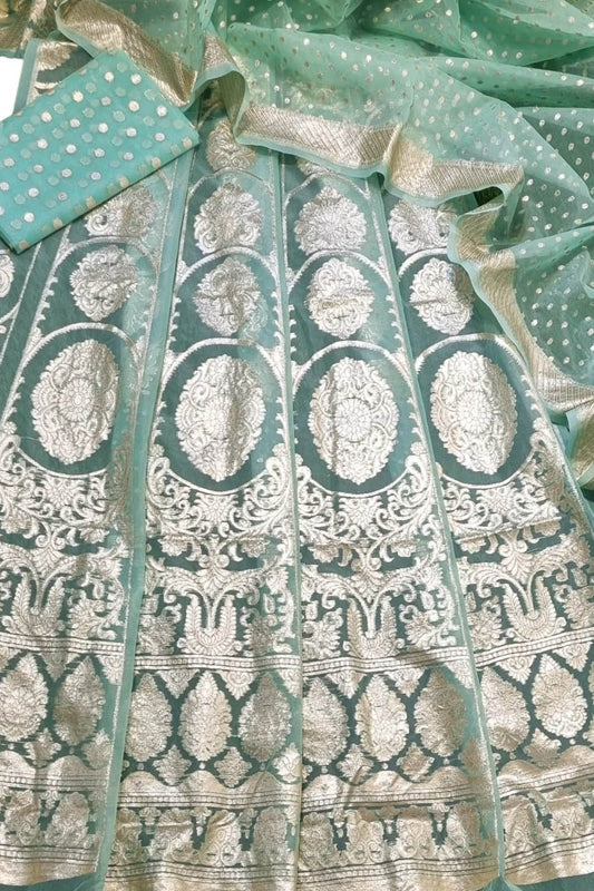 Stunning Blue Banarasi Organza Silk Lehenga Set - Unstitched Beauty - Luxurion World