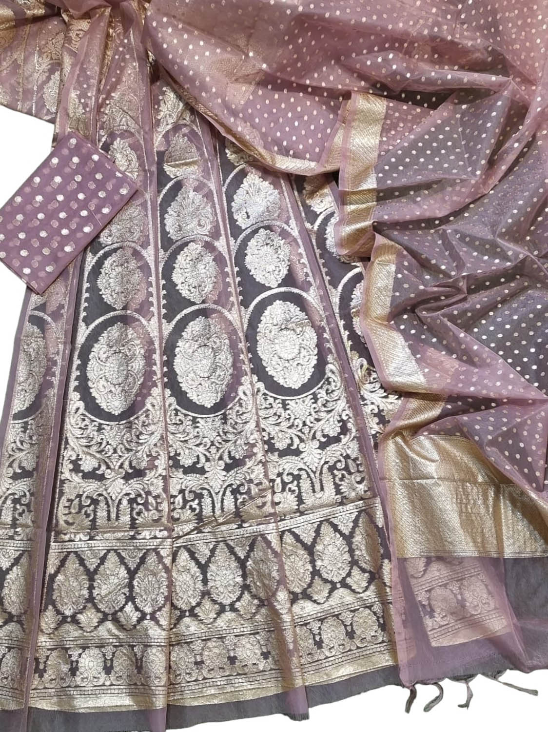 Stunning Pink Banarasi Organza Silk Lehenga Set - Unstitched - Luxurion World