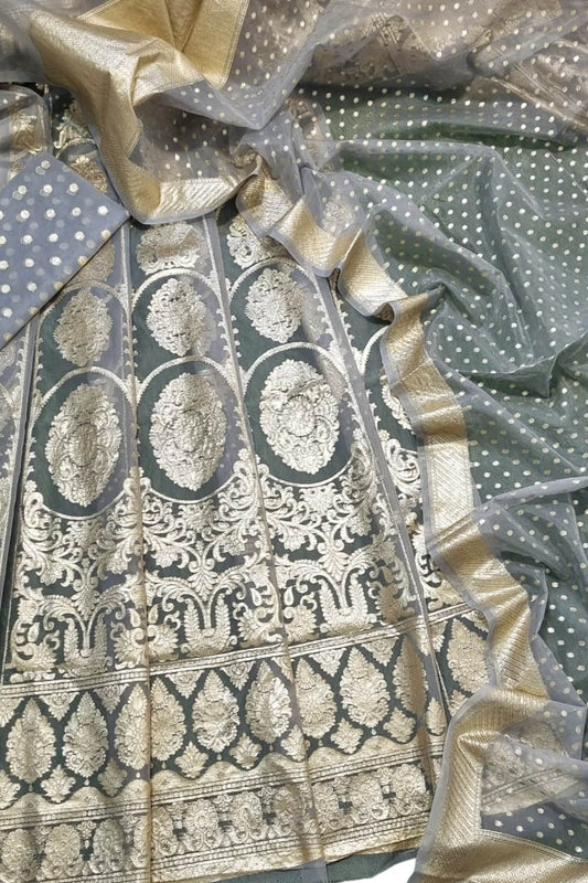 Graceful Grey Banarasi Organza Silk Lehenga Set - Unstitched - Luxurion World