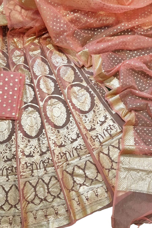 Stunning Pink Banarasi Organza Silk Lehenga Set - Unstitched - Luxurion World