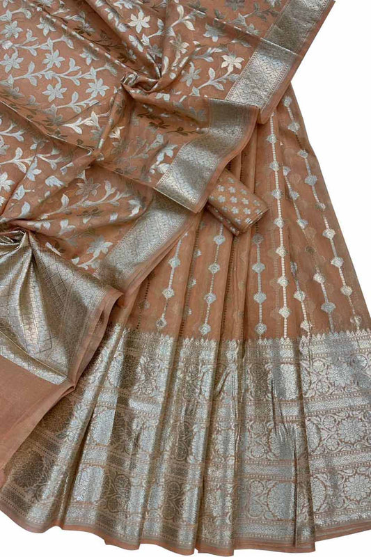 Stunning Orange Banarasi Chanderi Lehenga Set with Dupatta - Unstitched - Luxurion World