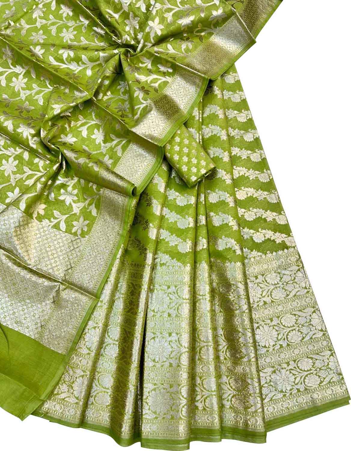 Green Banarasi Chanderi Lehenga Set with Dupatta - Elegant Silk Unstitched Ensemble - Luxurion World
