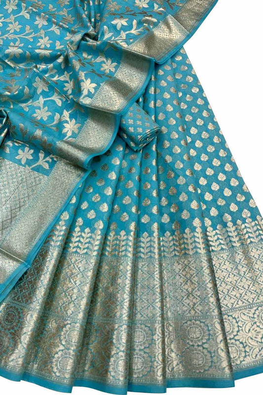 Stunning Blue Banarasi Chanderi Lehenga Set with Dupatta - Unstitched - Luxurion World