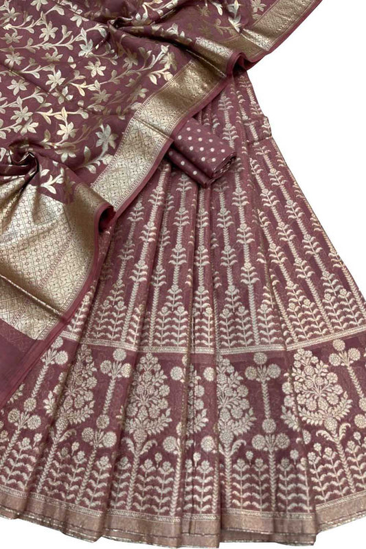 Stunning Pink Banarasi Chanderi Lehenga Set with Dupatta - Unstitched - Luxurion World