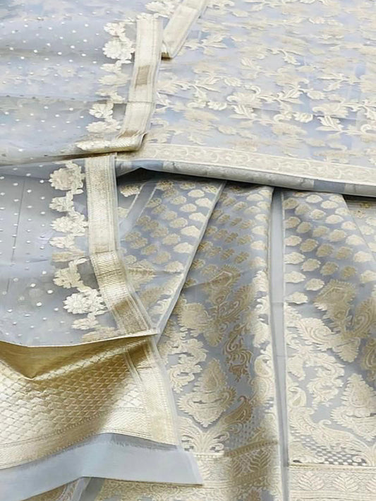 Grey Banarasi Handloom Organza Silk Unstitched Lehenga Set