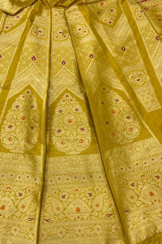Radiant Yellow Banarasi Katan Silk Lehenga Set - Unstitched - Luxurion World