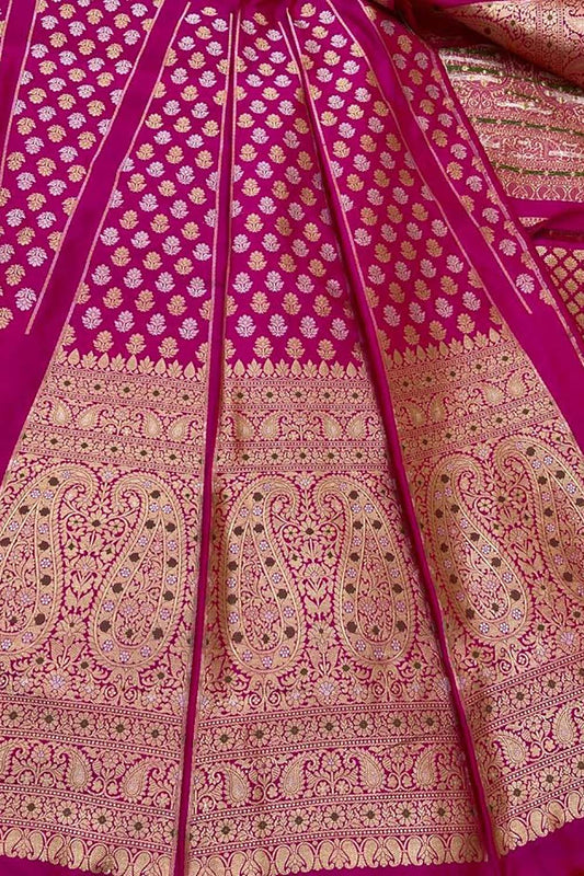 Exquisite Pink Banarasi Katan Silk Lehenga Set - Unstitched - Luxurion World