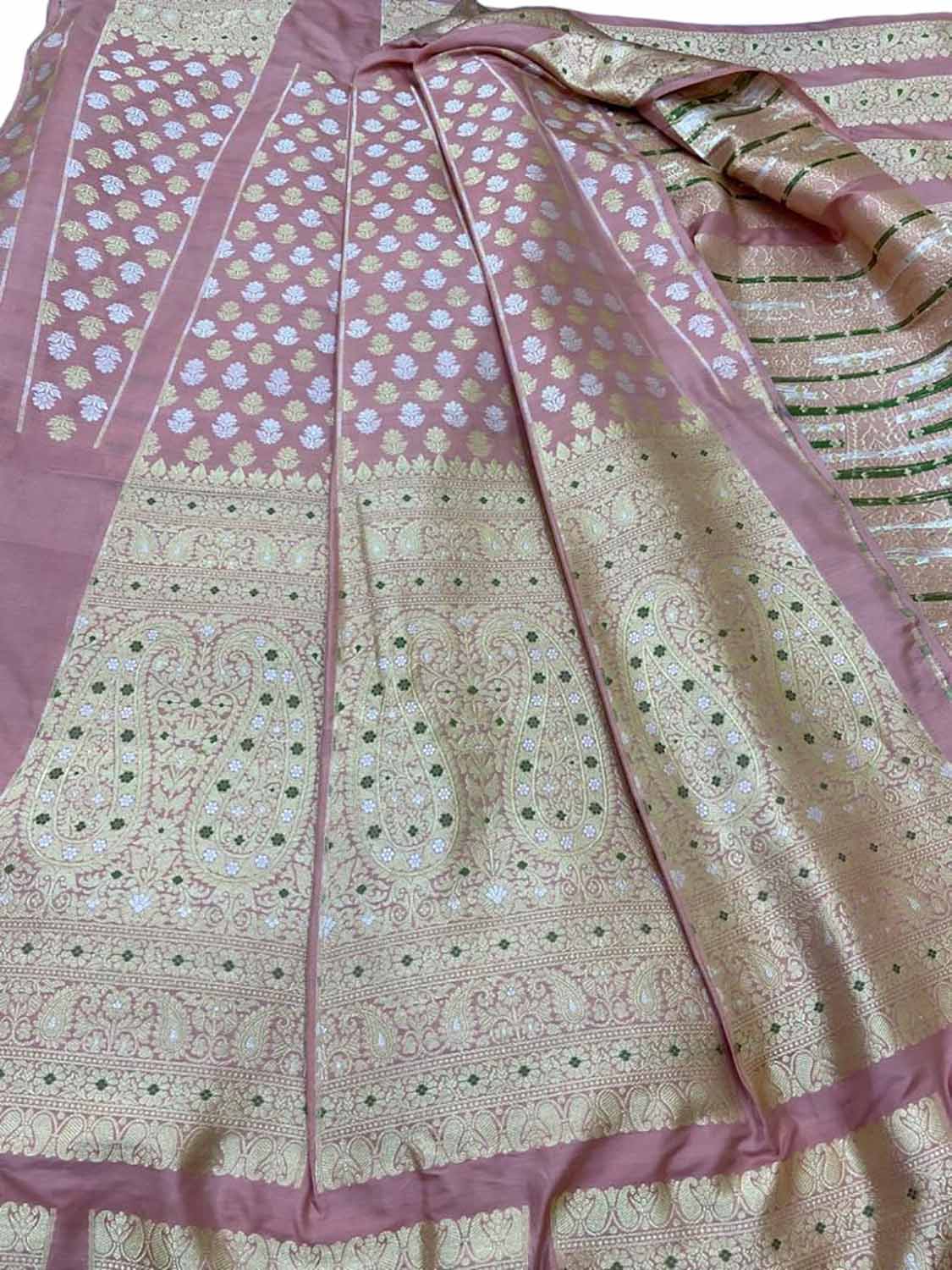 Exquisite Pink Banarasi Katan Silk Lehenga Set - Unstitched - Luxurion World