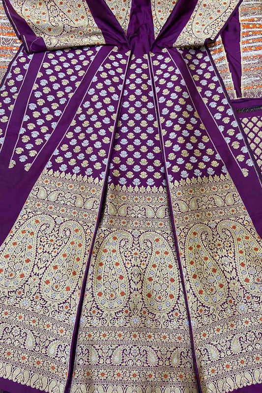 Exquisite Purple Banarasi Katan Silk Lehenga Set - Unstitched - Luxurion World