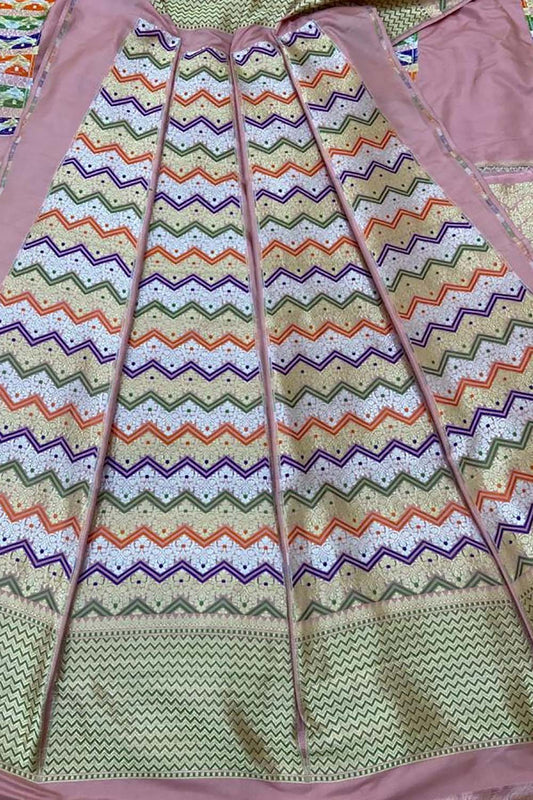 Exquisite Pink Banarasi Katan Silk Lehenga Set - Unstitched - Luxurion World