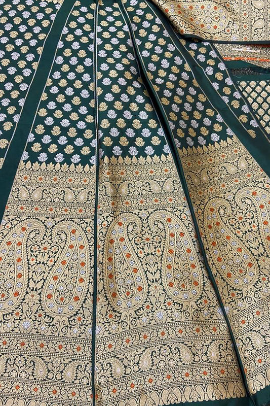Green Banarasi Katan Silk Lehenga Set - Pure Elegance Unstitched - Luxurion World