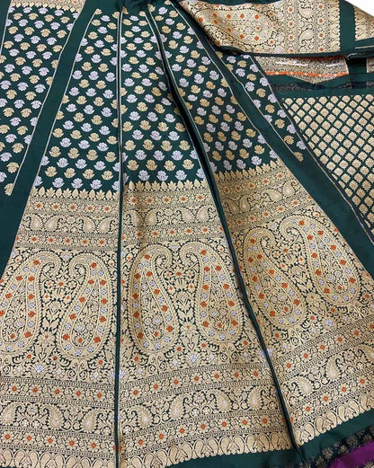 Green Banarasi Katan Silk Lehenga Set - Pure Elegance Unstitched - Luxurion World