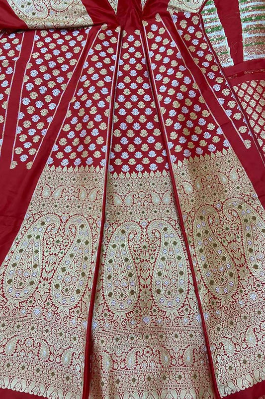 Exquisite Red Banarasi Katan Silk Lehenga Set - Unstitched