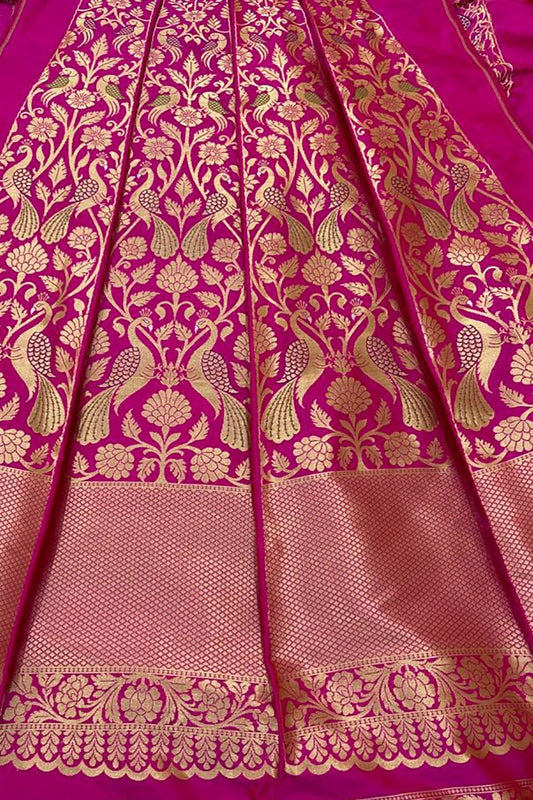 Exquisite Pink Banarasi Katan Silk Lehenga Set - Unstitched - Luxurion World