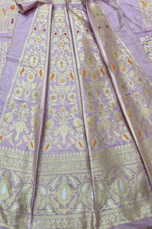 Exquisite Pink Banarasi Katan Silk Lehenga Set - Unstitched - Luxurion World