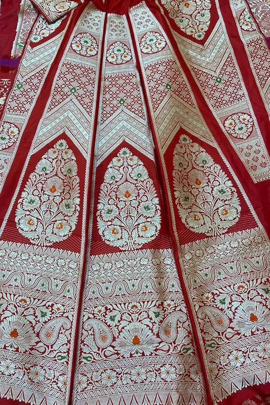 Exquisite Red Banarasi Katan Silk Lehenga Set - Unstitched - Luxurion World