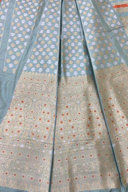 Exquisite Blue Banarasi Katan Silk Lehenga Set - Unstitched - Luxurion World