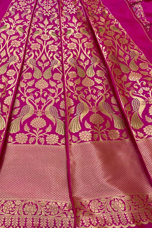 Pink Banarasi Pure Katan Silk Unstitched Lehenga Set - Luxurion World