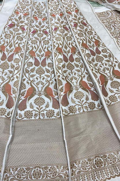 White Banarasi Pure Katan Silk Unstitched Lehenga Set - Luxurion World